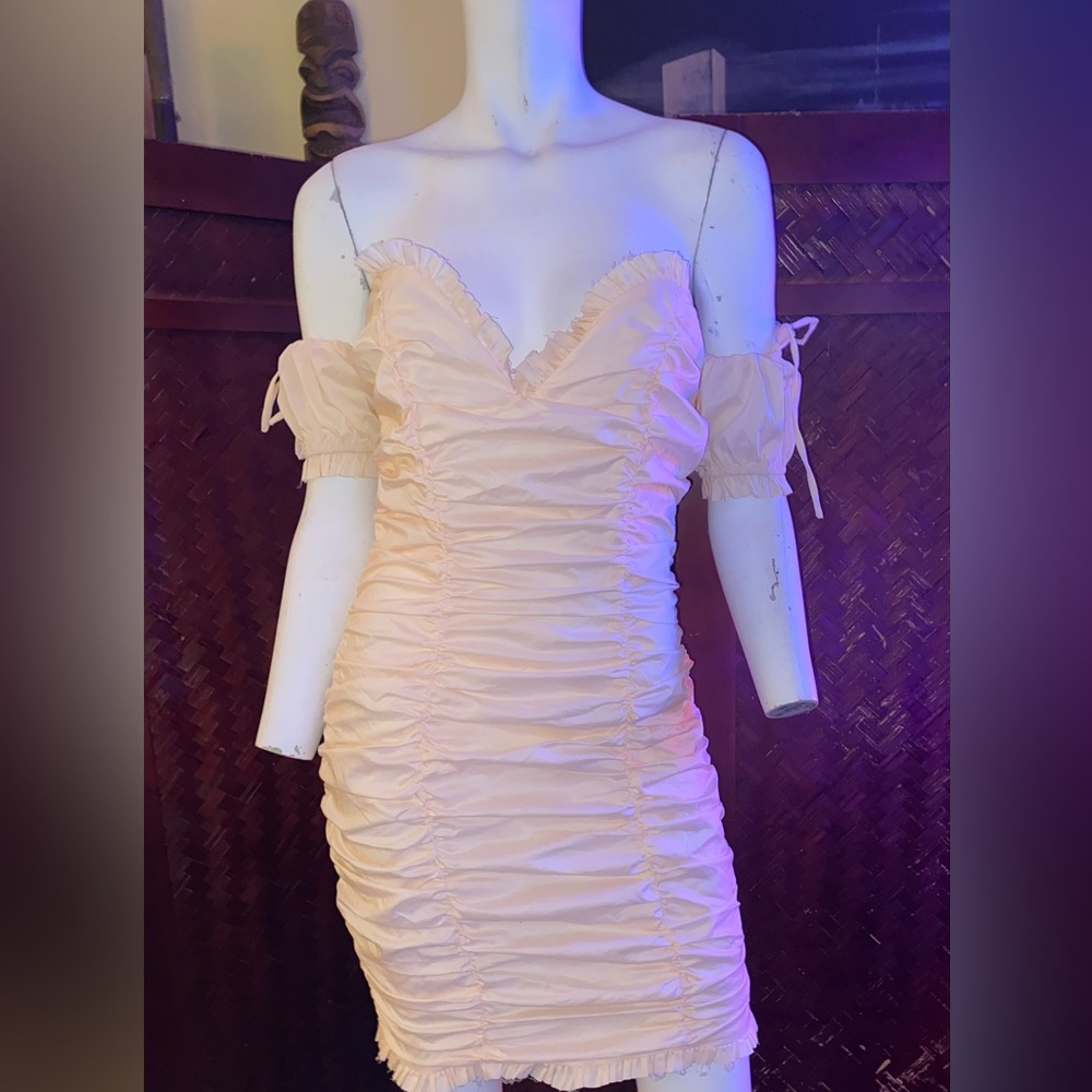 Ladies Coquette ruched Lolita mini beige ruffle cocktail dress quaint chic - Picture 2 of 12
